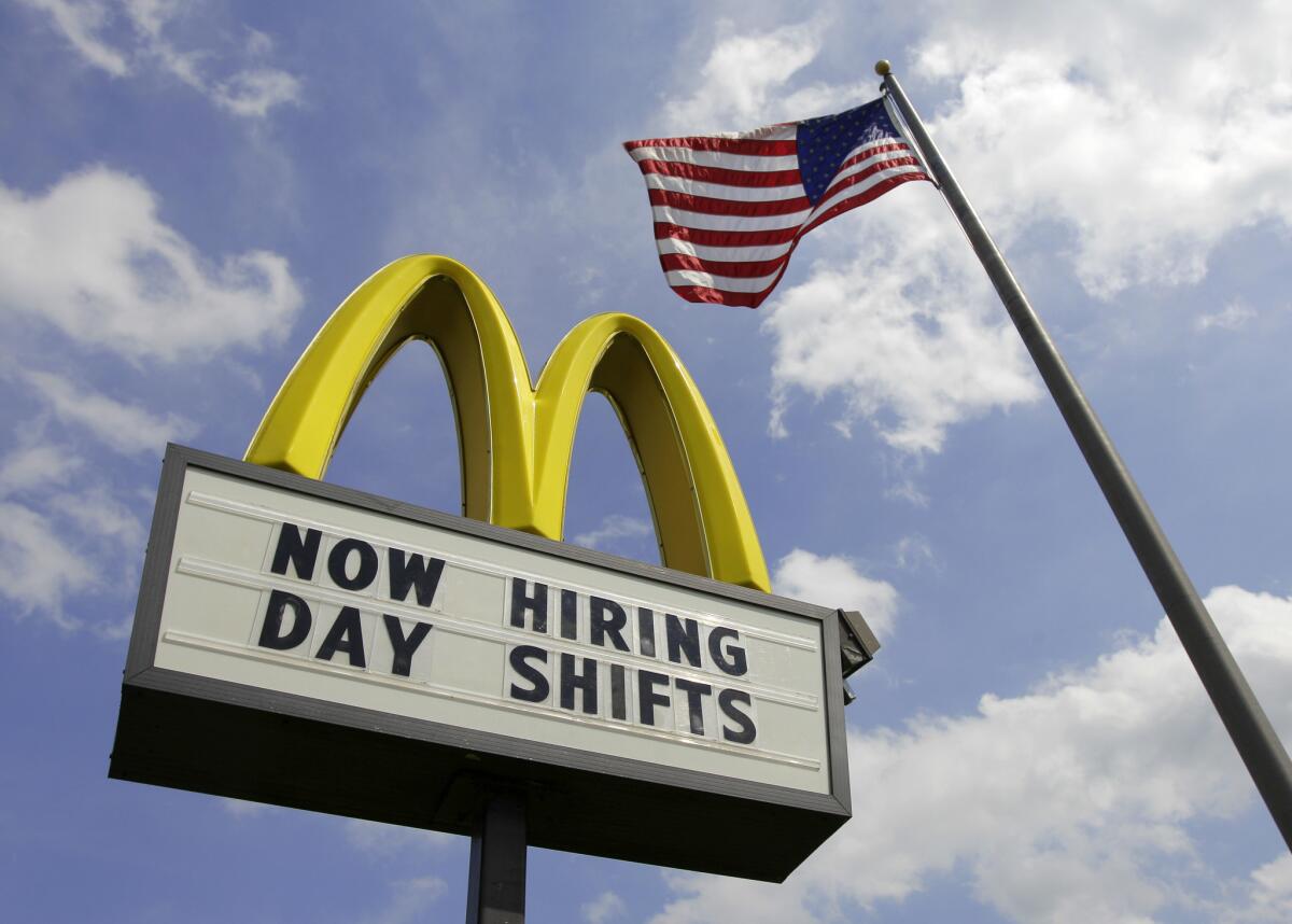 A sign advertising job openings outside a McDonalds restaurant in Chesterland, Ohio, taken in May of 2012.