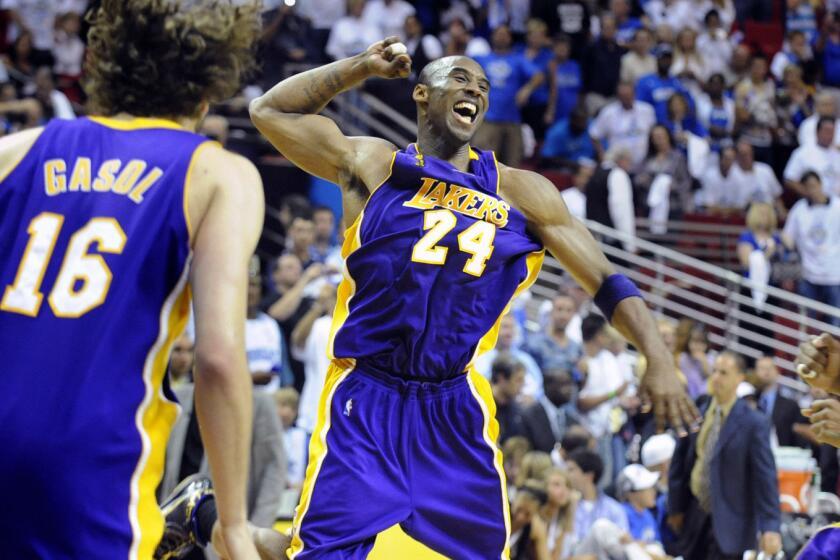 Kobe Bryant celebrates after winning his fourth NBA title with a win over the Orlando Magic in Game 5 of the 2009 NBA Finals.