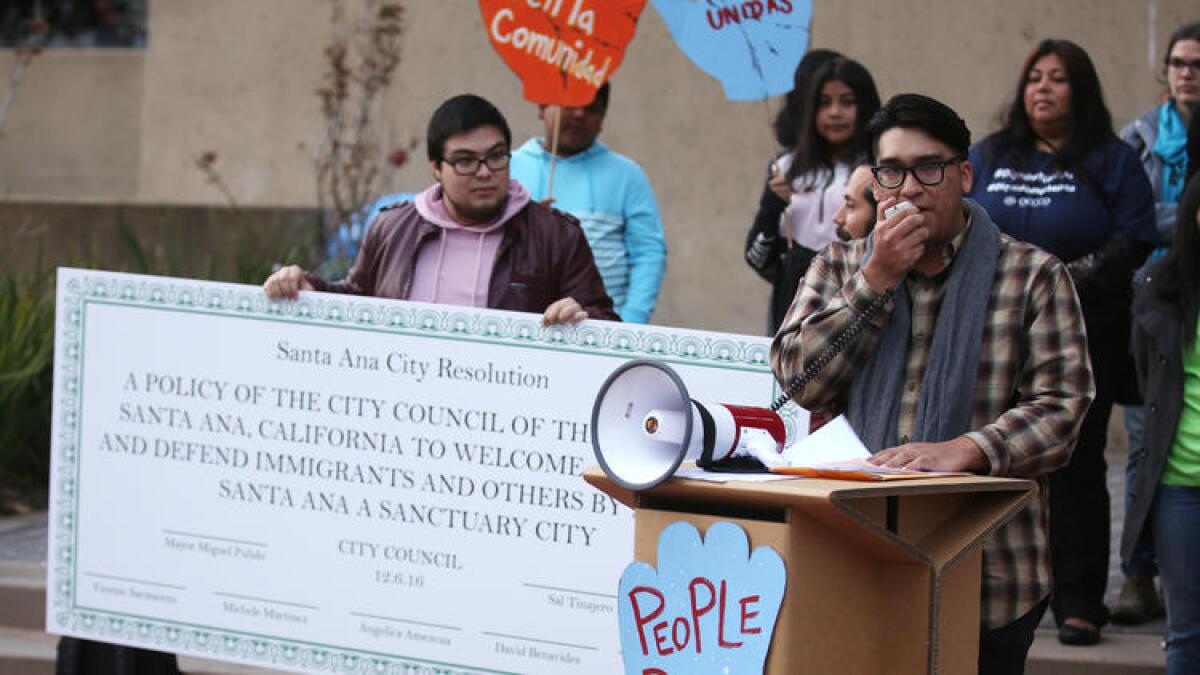 Supporters of Santa Ana becoming a so-called sanctuary city for immigrants at a rally in December.
