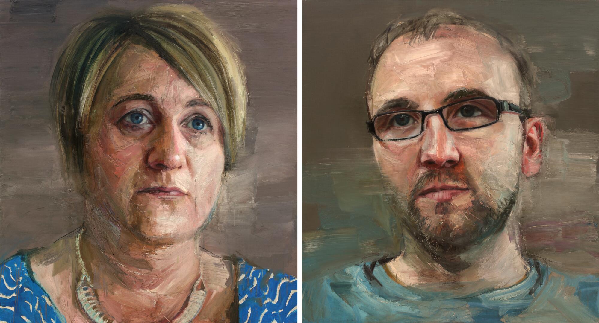 A diptych of painted portraits of Fiona Kelly and Johnnie Proctor