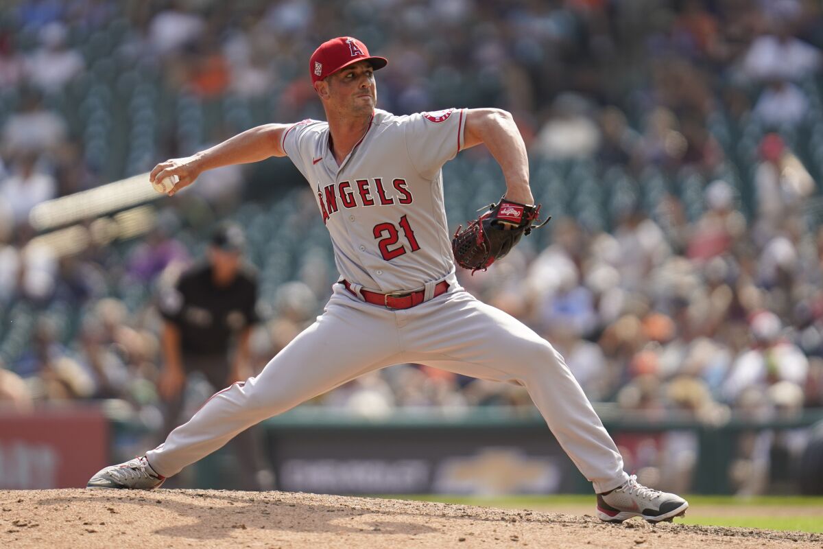 Los Angeles Angels relief pitcher Mike Mayers throws against the Detroit Tigers in the seventh inning.