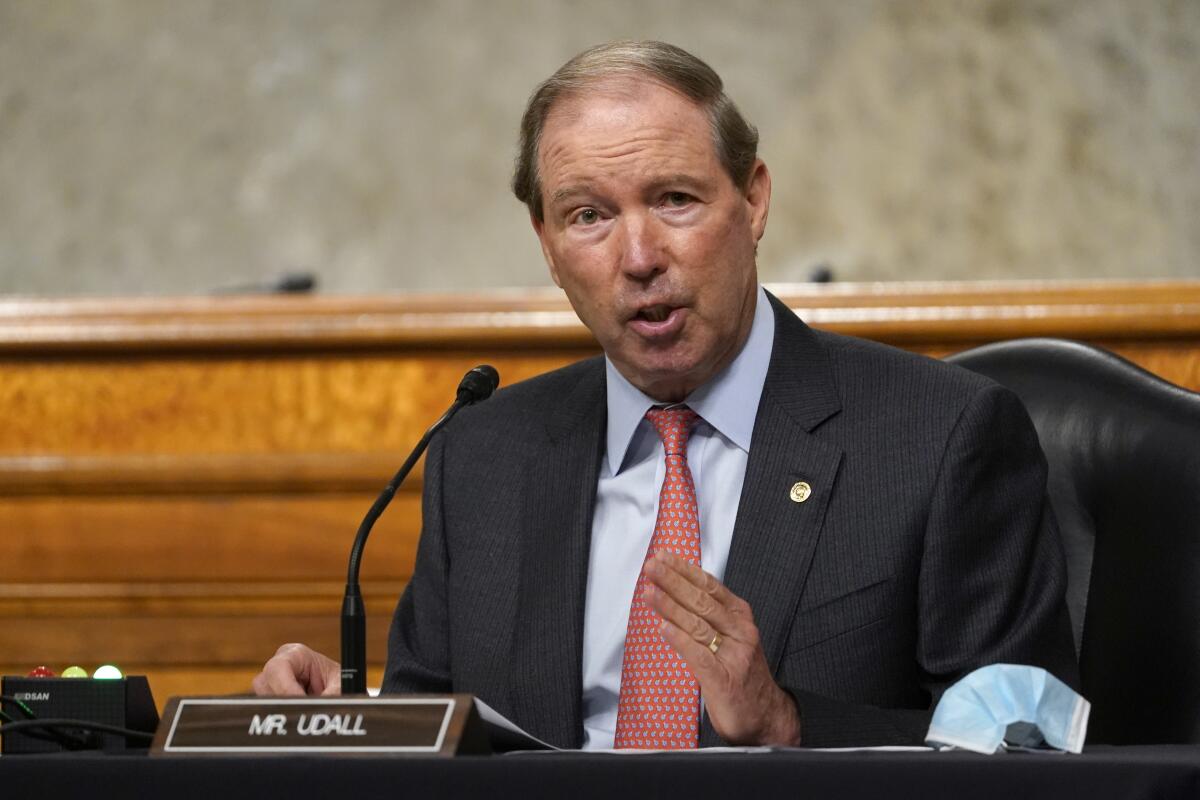 FILE - In this Sept. 24, 2020 file photo, Sen. Tom Udall, D-N.M., speaks during a Senate Foreign Relations Committee hearing on Capitol Hill in Washington. President Joe Biden is nominating former New Mexico Sen. Tom Udall to serve as his ambassador to New Zealand and Samoa. (AP Photo/Susan Walsh, Pool, File)