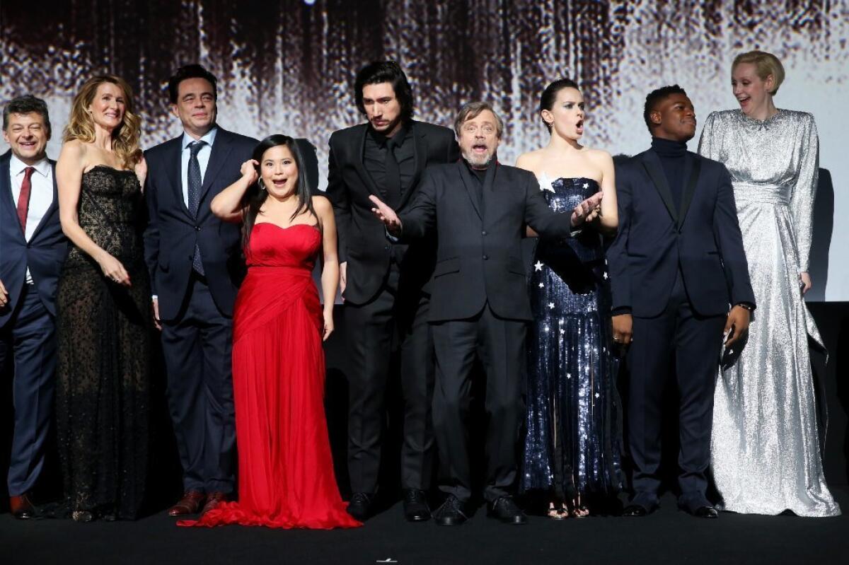 From left: Andy Serkis, Laura Dern, Benicio del Toro, Kelly Marie Tran, Adam Driver, Mark Hamill, Daisy Ridley, John Boyega and Gwendoline Christie.