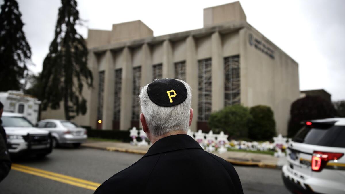 Rabbi Jeffrey Myers of the Tree of Life Synagogue wears at yarmulke with a Pittsburgh Pirates logo.