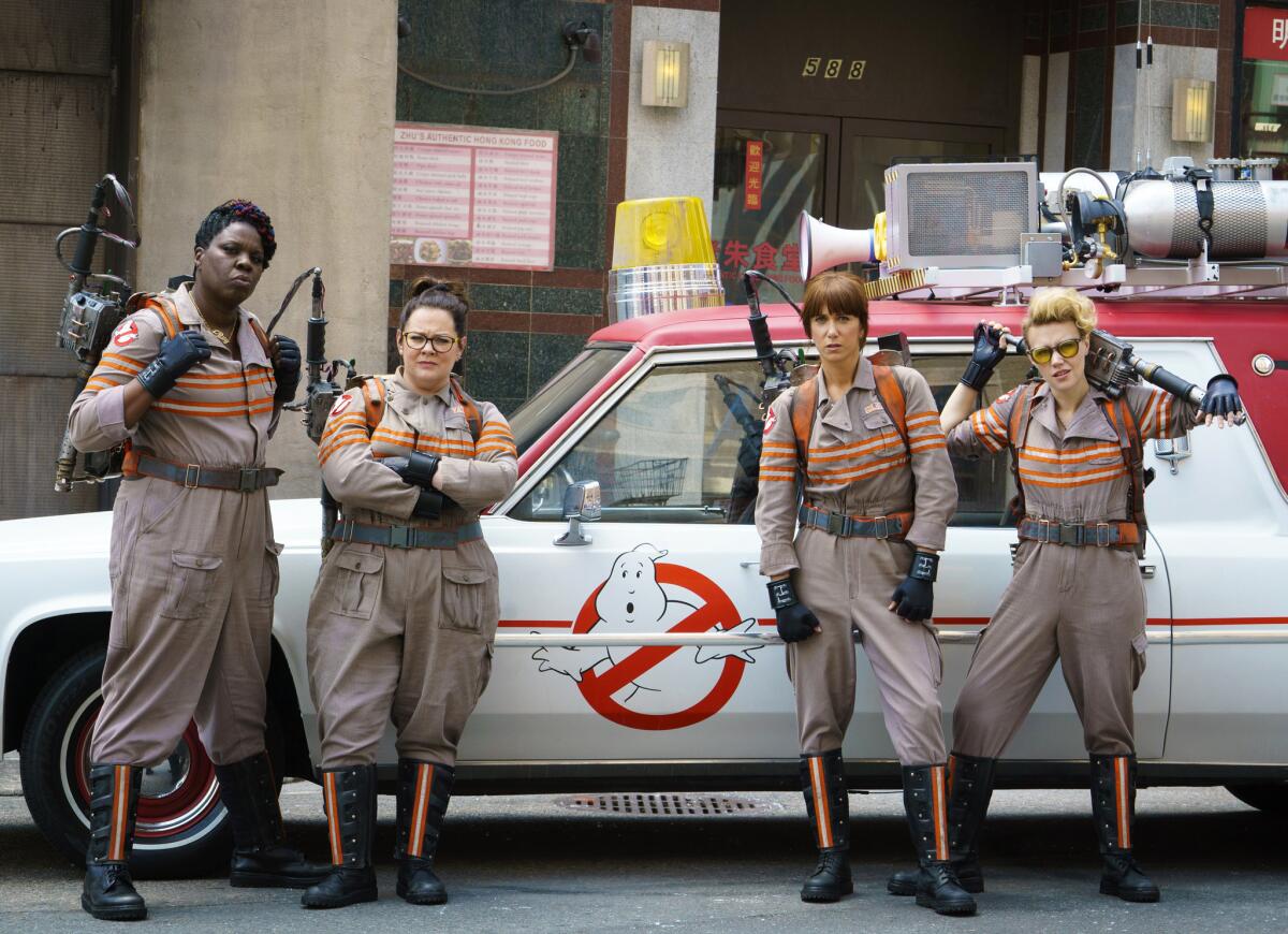 From left, Leslie Jones, Melissa McCarthy, Kristen Wiig and Kate McKinnon from the film, "Ghostbusters."