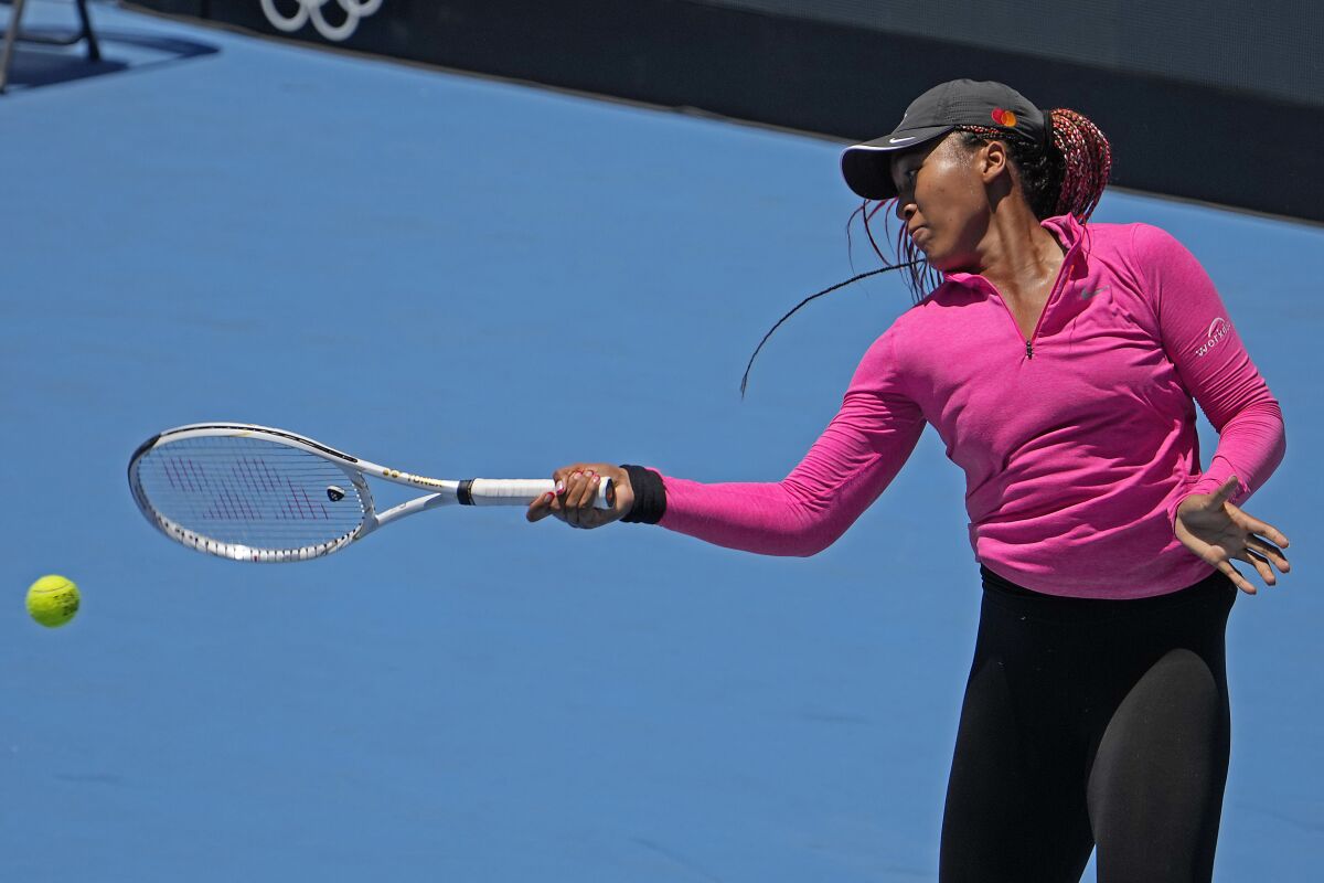 Naomi Osaka practices at the Ariake Tennis Park in Tokyo on Thursday.