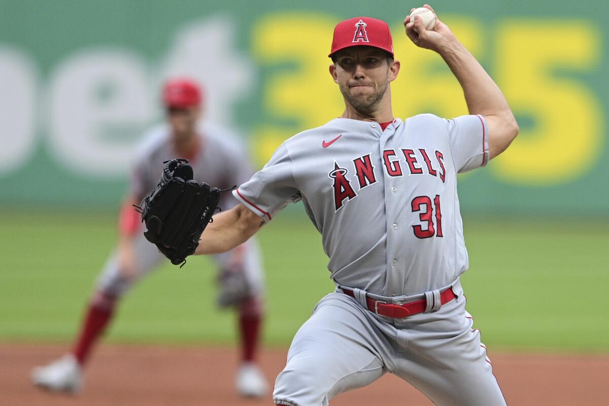 Angels starting pitcher Tyler Anderson delivers against the Cleveland Guardians during the first inning May 12, 2023.