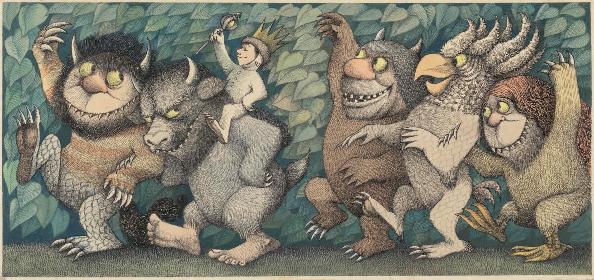 Maurice Sendak' tempera-on-paper painting "Where the Wild Things Are" from 1963 frolicking with five giant monsters.