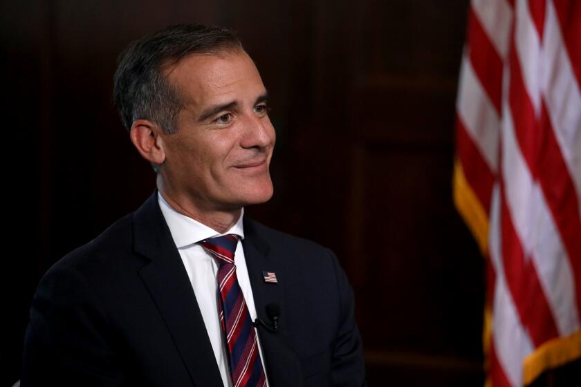 LOS ANGELES, CA - JULY 09: Los Angeles Mayor Eric Garcetti holds interviews with the media after President Joe Biden selected him as his nomination for U.S. Ambassador to India, pending Senate confirmation, at City Hall on Friday, July 9, 2021 in Los Angeles, CA. (Gary Coronado / Los Angeles Times)