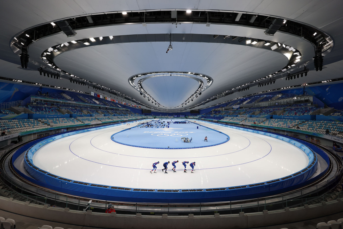 Speedskaters train at the National Speed Skating Oval in Beijing on Jan. 28.