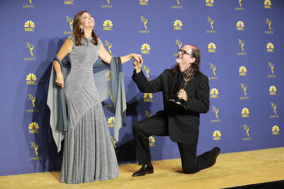 Glenn Weiss and Jan Svendsen backstage at the Emmys after his surprise proposal.