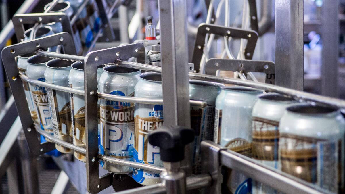 The Works IPA on the canning line at Golden Road Brewing.