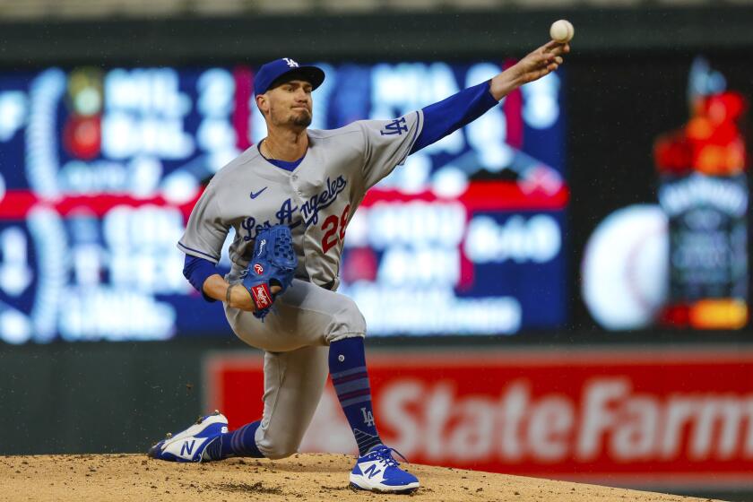 Los Angeles Dodgers starting pitcher Andrew Heaney throws to a Minnesota Twins.