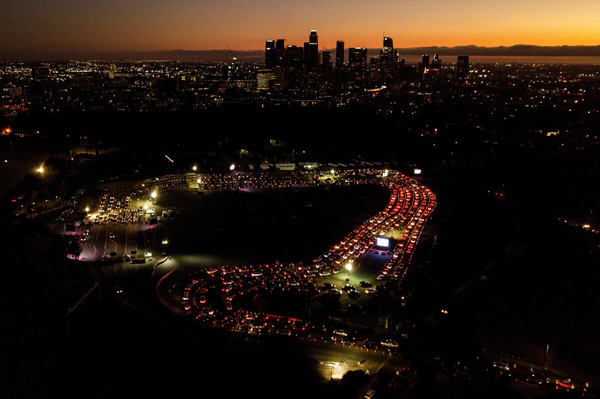 Aerial view of cars in line at night