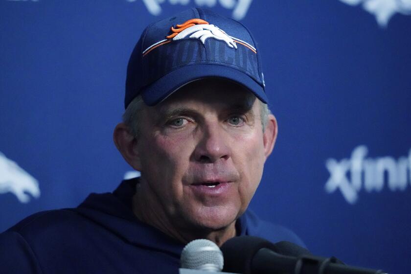 Denver Broncos head coach Sean Payton answers a question after an NFL football game against the Miami Dolphins, Sunday, Sept. 24, 2023, in Miami Gardens, Fla. The Dolphins defeated the Broncos 70-20. (AP Photo/Wilfredo Lee )