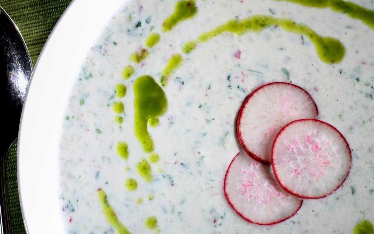 Buttermilk soup with radishes and peppery green oil.