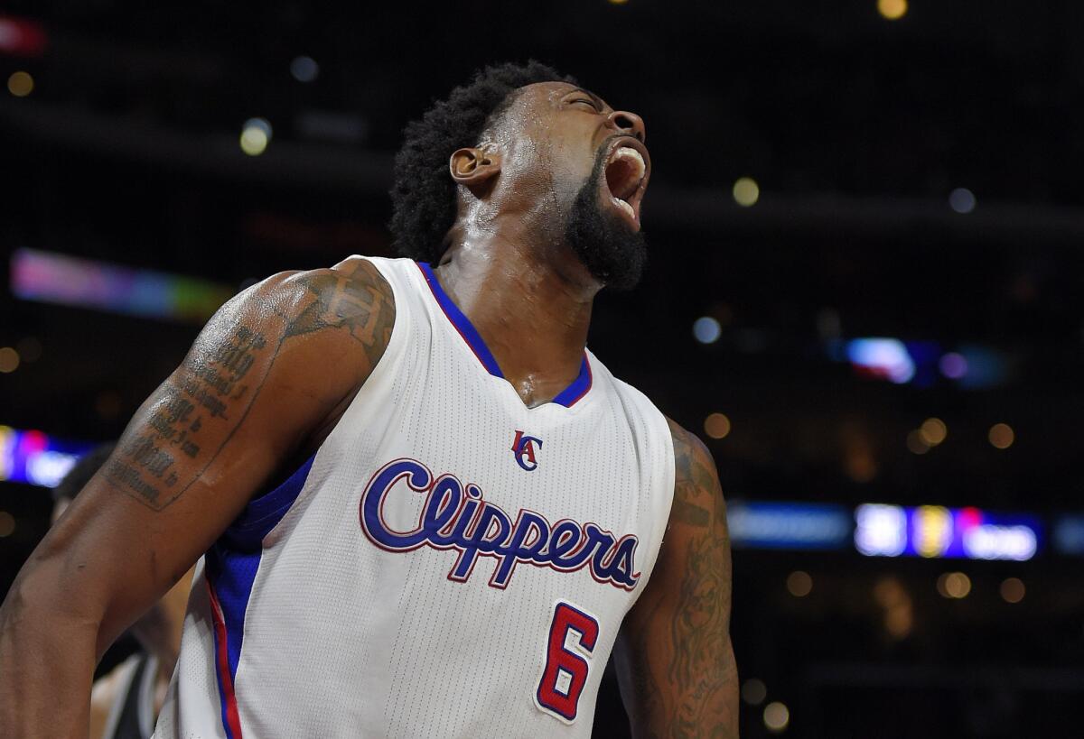 DeAndre Jordan reacts during the second half of the Clippers 119-115 win Thursday over the San Antonio Spurs at Staples Center.