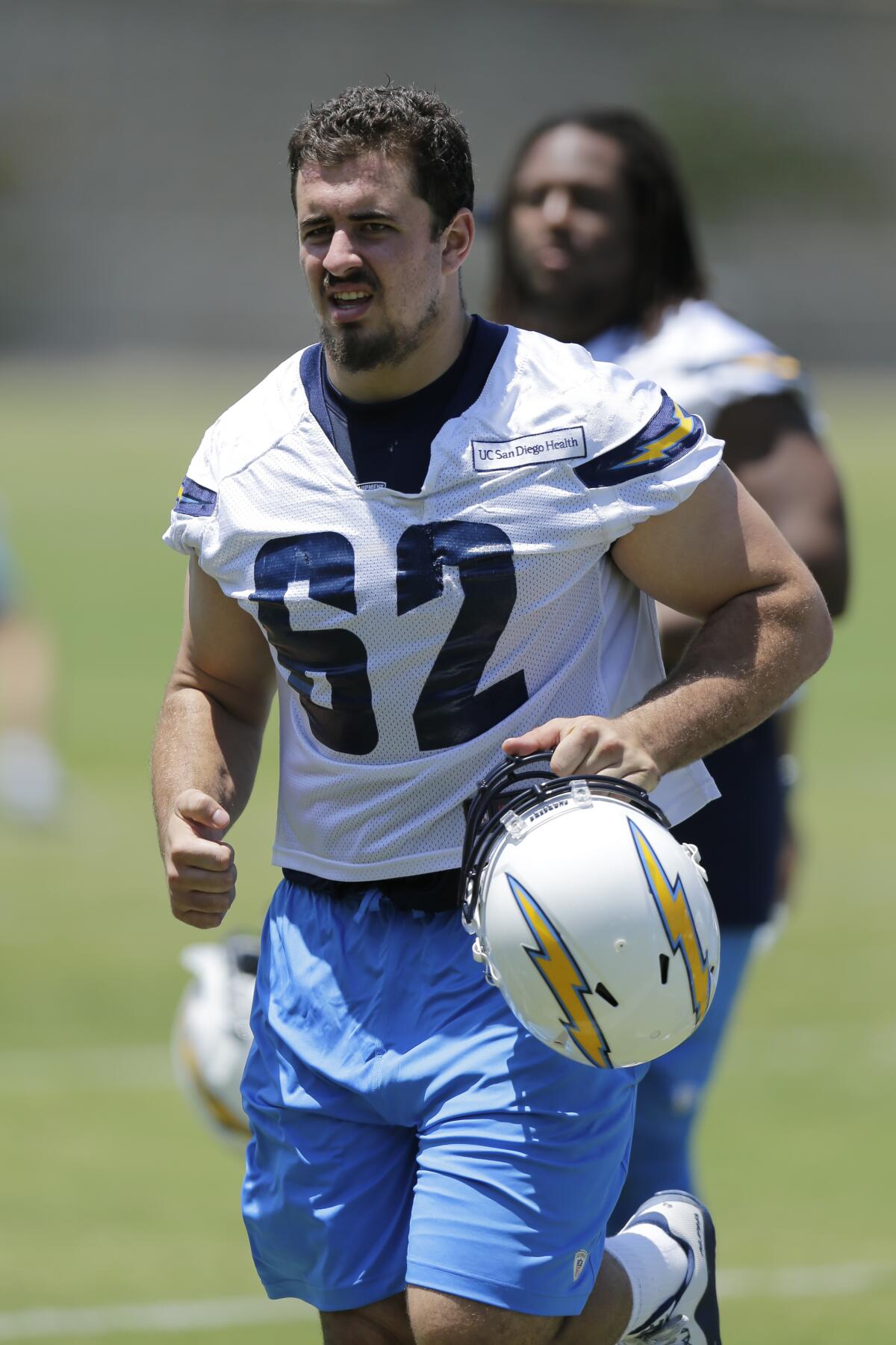 Chargers' center Max Tuerk trains during rookie training camp on May 13, 2016, in San Diego.