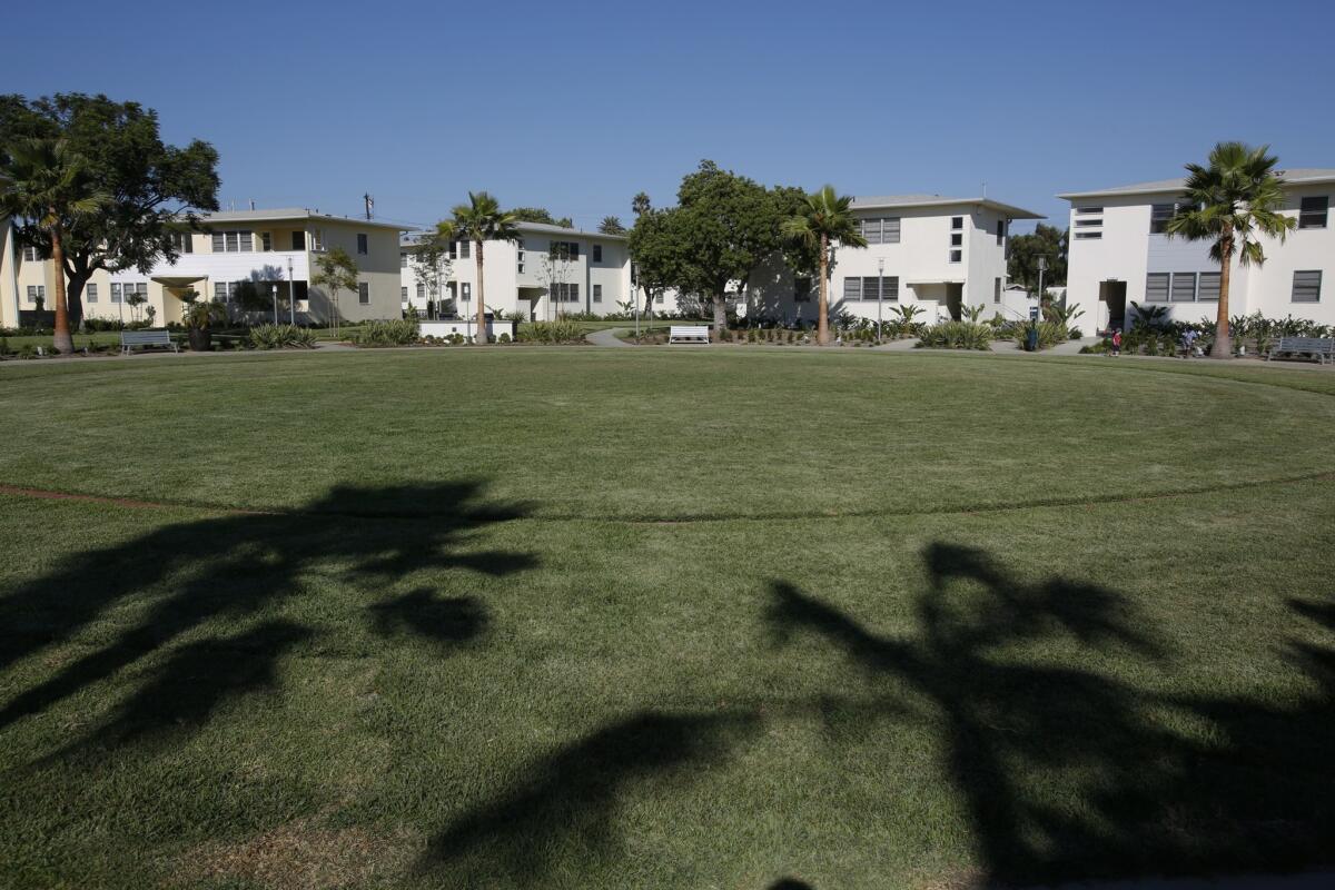 An open green space area is surrounded by apartments at Lincoln Place apartments in Venice. The complex was built in the late 1940's and 1950's and is being renovated.