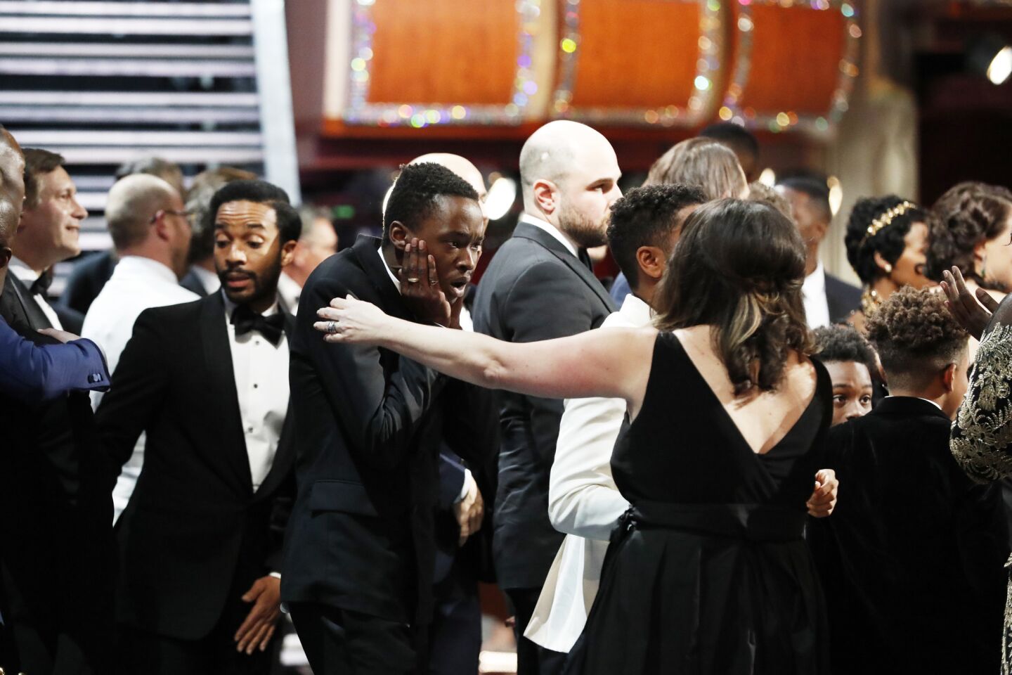 "Moonlight" actor Ashton Sanders is stunned after the movie won for best picture during the Academy Awards telecast on Feb. 26.
