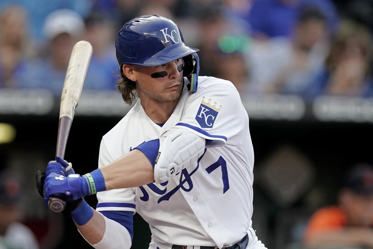 Kansas City Royals' Bobby Witt Jr. bats during the second inning of the second game of a baseball doubleheader against the Detroit Tigers Monday, July 11, 2022, in Kansas City, Mo. (AP Photo/Charlie Riedel)