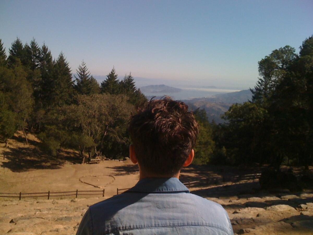 A wide view from the top of mountain forest with a person standing with back to camera in the foreground.