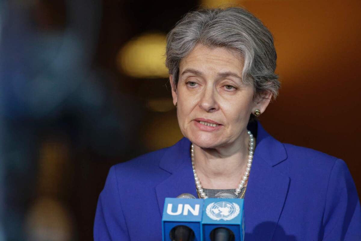 Irina Bokova speaks with reporters on the selection of the next UN Secretary-General at the UN headquarters in New York on April 12,2016.