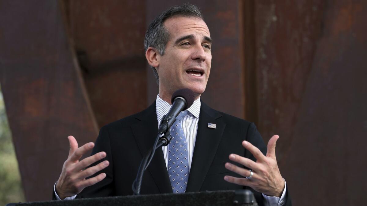 Mayor Eric Garcetti, shown in September, urged voters Wednesday to reject Proposition 6, the ballot measure that would repeal the gas tax increase approved last year.