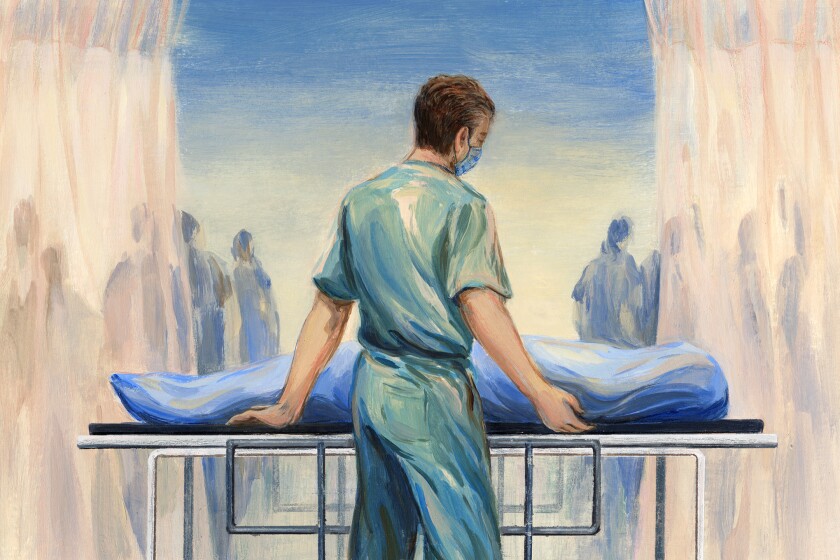 An illustration of Karl tucking in the sheets of the deceased.