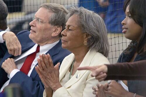 Baseball Commisioner Bud Selig and Rachel Robinson watch the pregame ceremonies Sunday honoring Jackie Robinson before the Dodgers take on the San Diego Padres at Dodger Stadium. Sixty years ago Robinson became the first black man to play in a Major League Baseball game for the Brooklyn Dodgers.