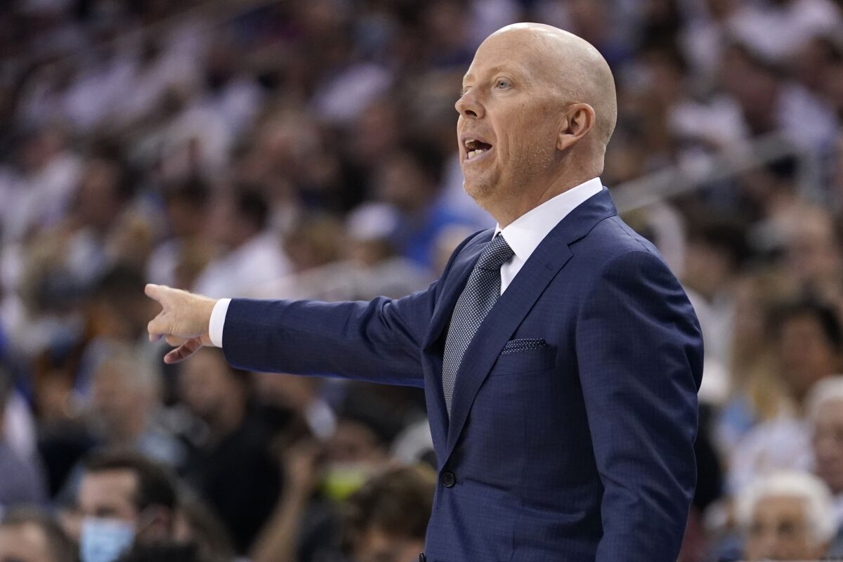 UCLA coach Mick Cronin instructs players during a win over Villanova last month.