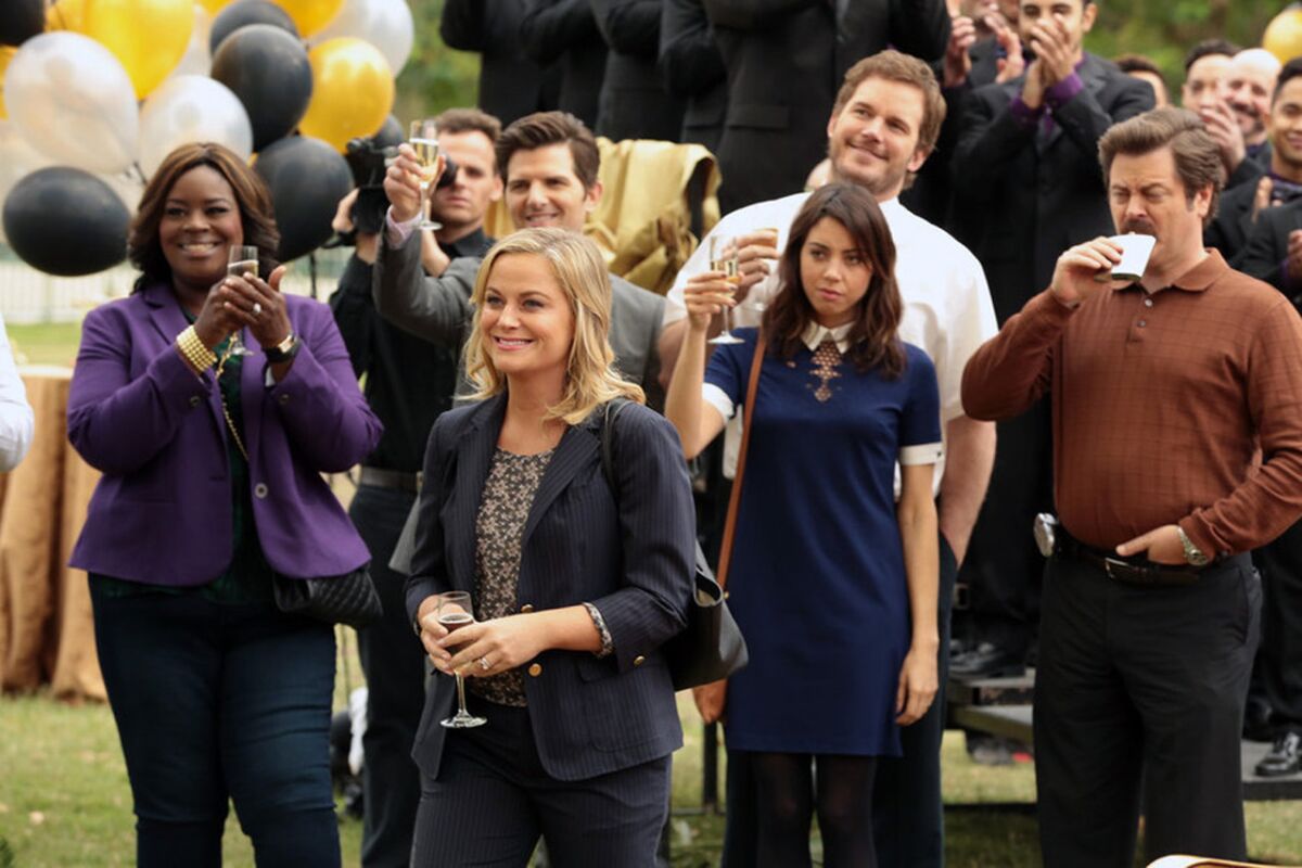 Retta, left, Adam Scott, Amy Poehler, Aubrey Plaza, Chris Pratt and Nick Offerman in "Parks and Recreation."