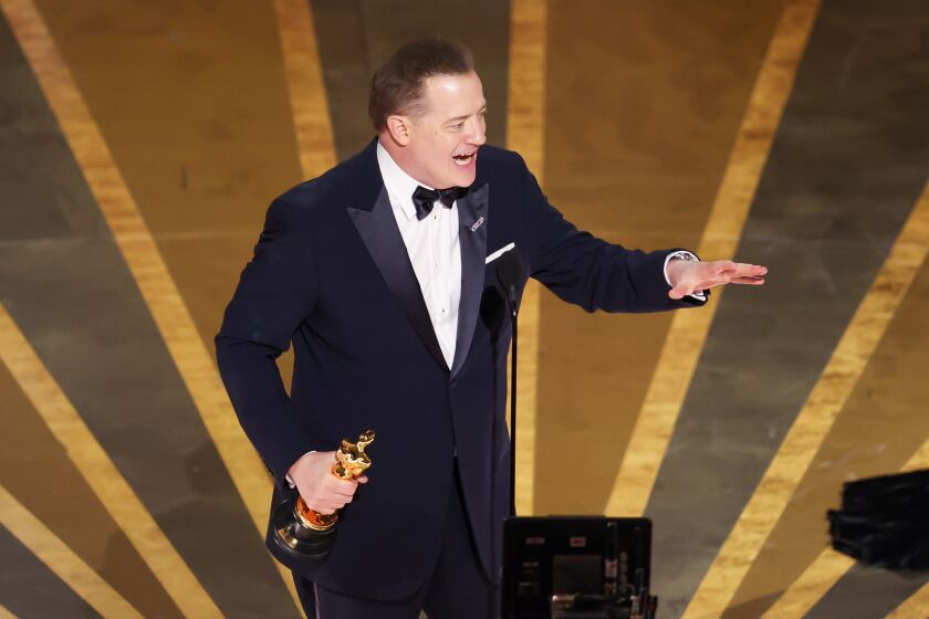 HOLLYWOOD, CA - MARCH 12: Brendan Fraser accepts the award for Actor in a Leading Role at the 95th Academy Awards in the Dolby Theatre on March 12, 2023 in Hollywood, California. (Myung J. Chun / Los Angeles Times)