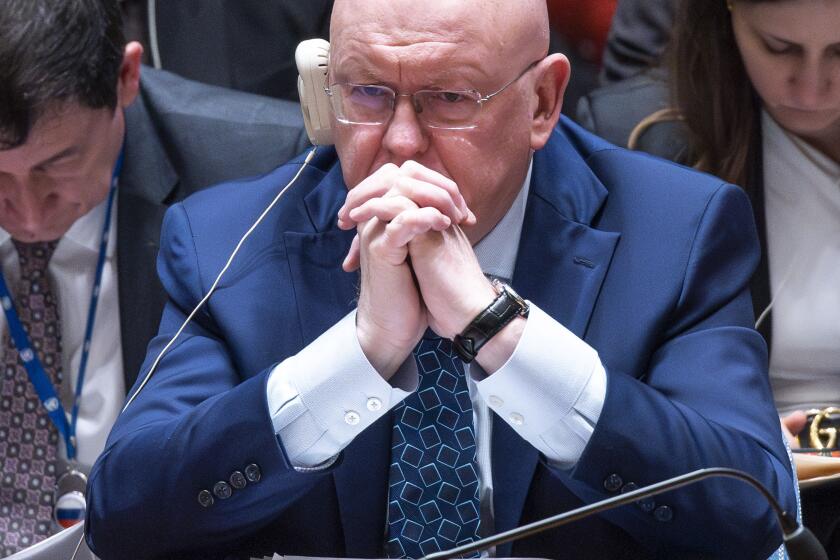 Russian Permanent Representative to the UN Vassily Nebenzia attends a meeting on Non-proliferation of nuclear weapons with members of the U.N. Security Council , Wednesday, April 24, 2024 at United Nations headquarters. (AP Photo/Eduardo Munoz Alvarez)