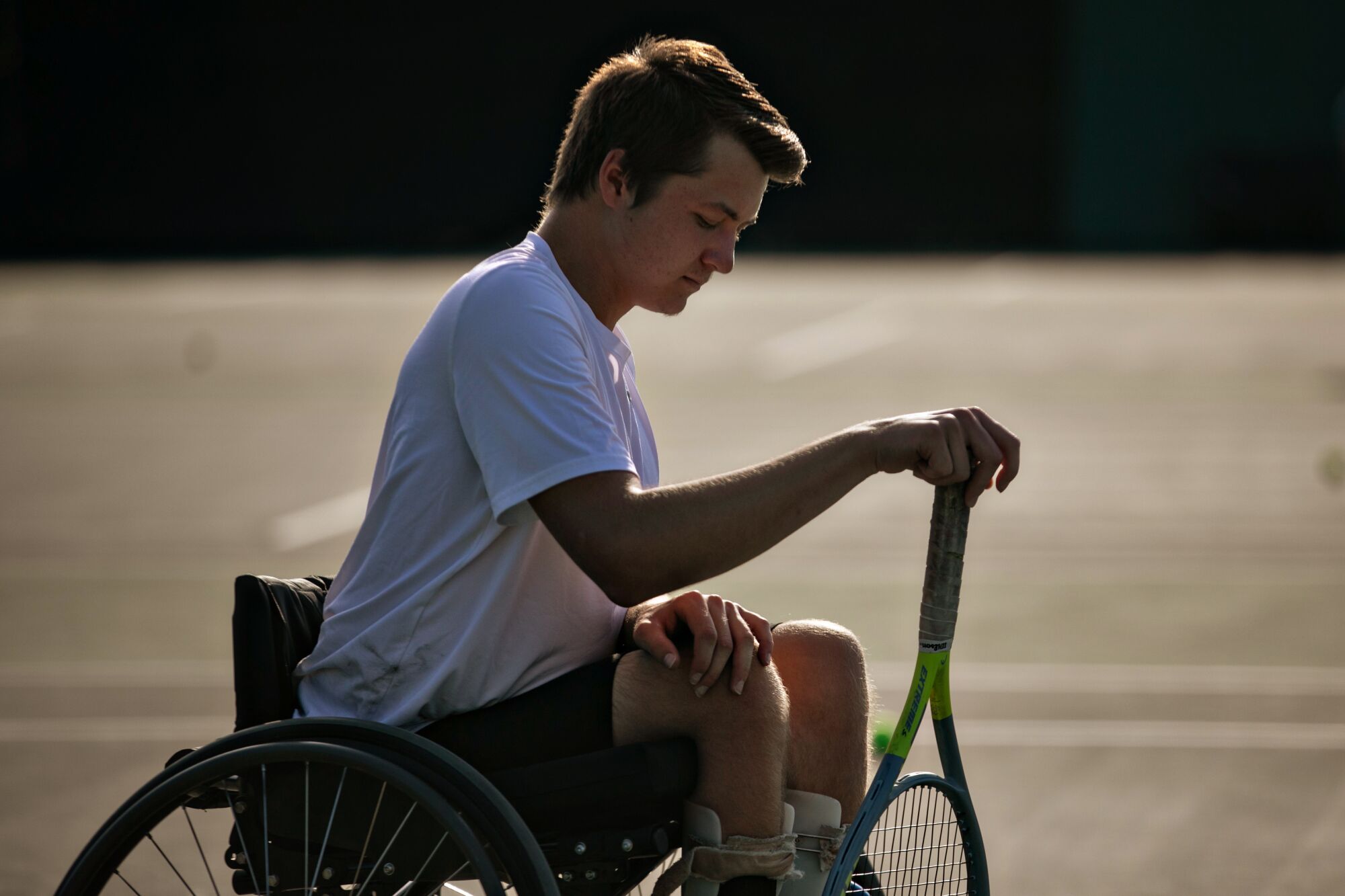 Landon Sachs takes a break during tennis practice at JSerra High School.