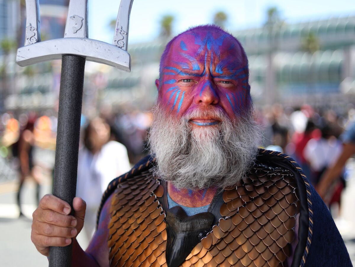 Jon Ringard of Fernley, Nev., dressed Poseidon at Comic-Con International in San Diego on July 19, 2019.
