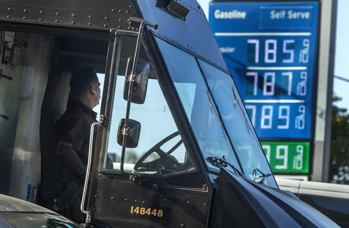 High gas prices continue at a Chevron in downtown Los Angeles.