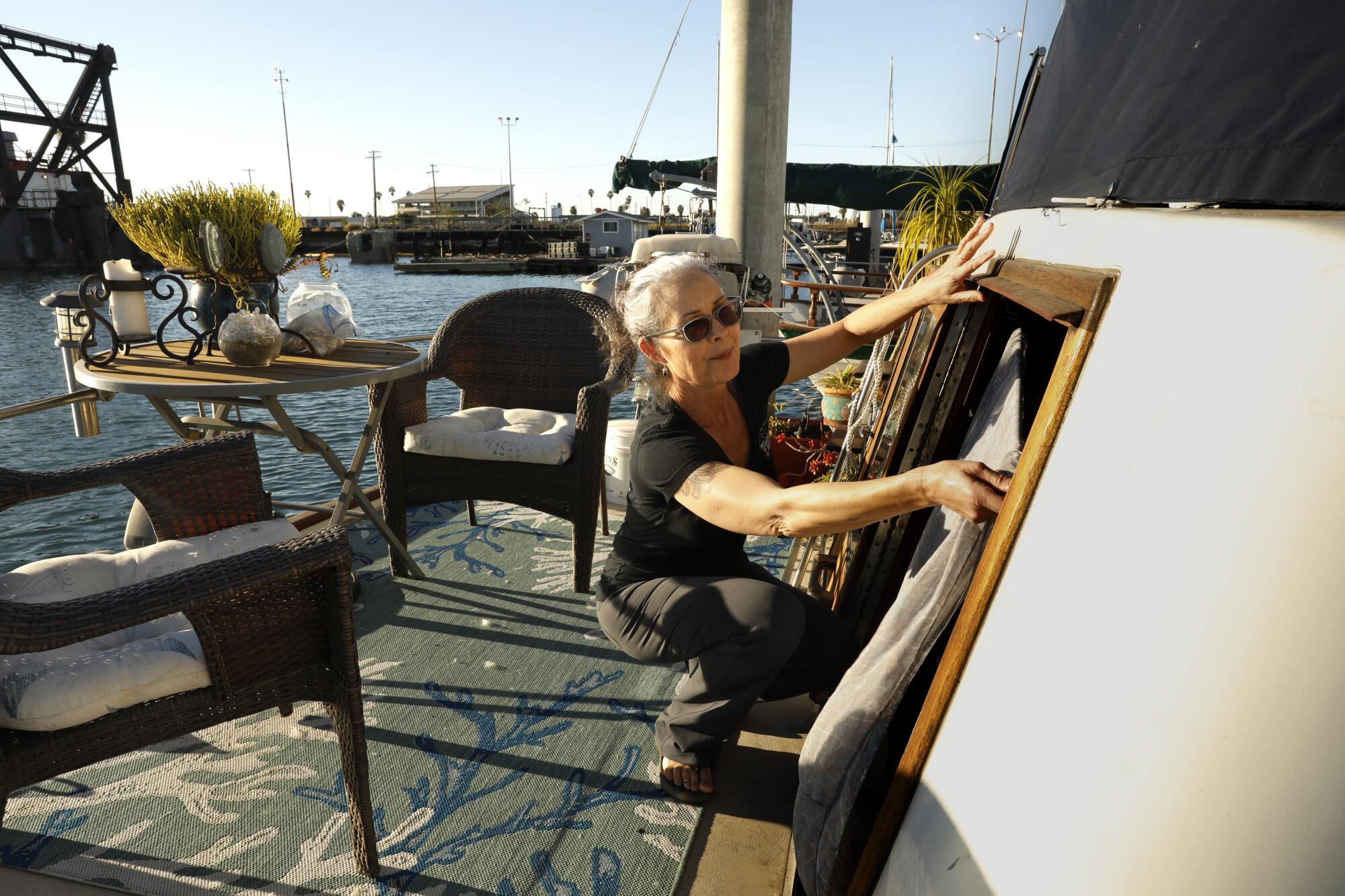Nyla Olsen lives on a yacht in Leeward Bay Marina where the Dominguez Channel empties into the Los Angeles Harbor.
