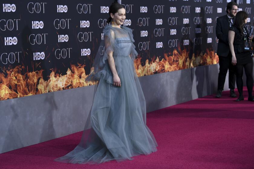 Emilia Clarke attends HBO's "Game of Thrones" final season premiere at Radio City Music Hall in New York.