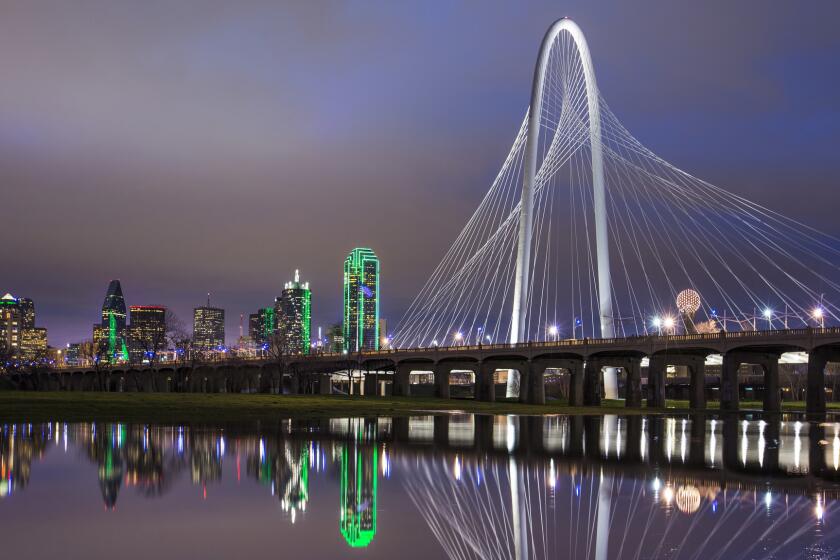 LAX/Dallas (DFW); United - $83 RT (includes all taxes/fees); subject to availability; Travel January 18 through March 7, 2018; No min. stay; Non-stop flights available. Credit: Shannon Faulk / Getty Images "Margaret Hunt Hill Bridge reflecting in Trinity River, Dallas, Texas, United States" ** OUTS - ELSENT, FPG, CM - OUTS * NM, PH, VA if sourced by CT, LA or MoD **