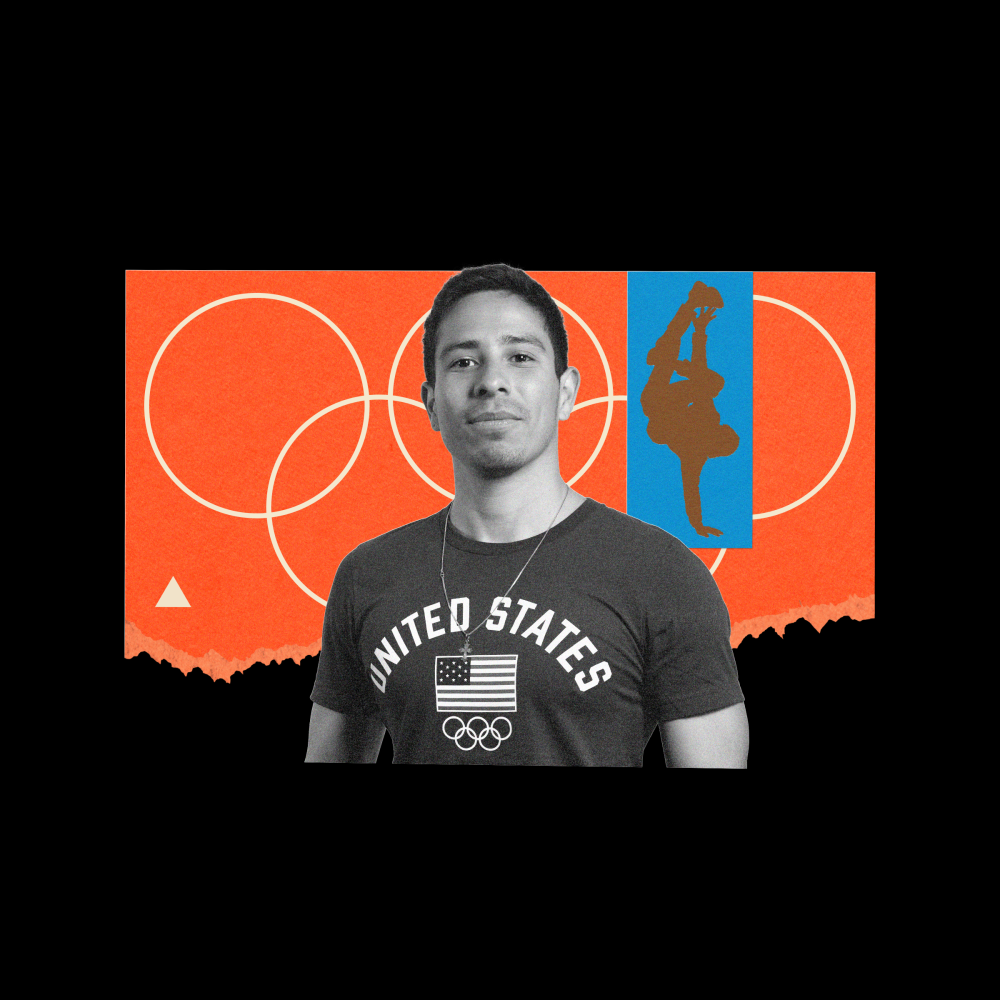 Collage of Victor Montalvo in front of Olympics logo