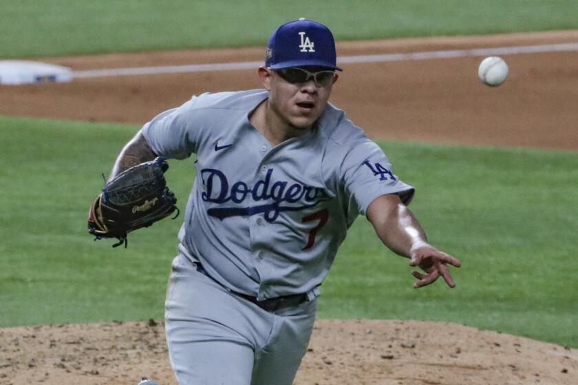 Arlington, Texas, Wednesday, October 14, 2020. Los Angeles Dodgers starting pitcher Julio Urias.