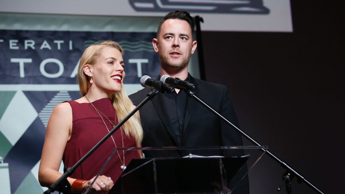 Busy Philipps and Colin Hanks appear onstage during Young Literati's benefit for the Los Angeles Public Library on Saturday.