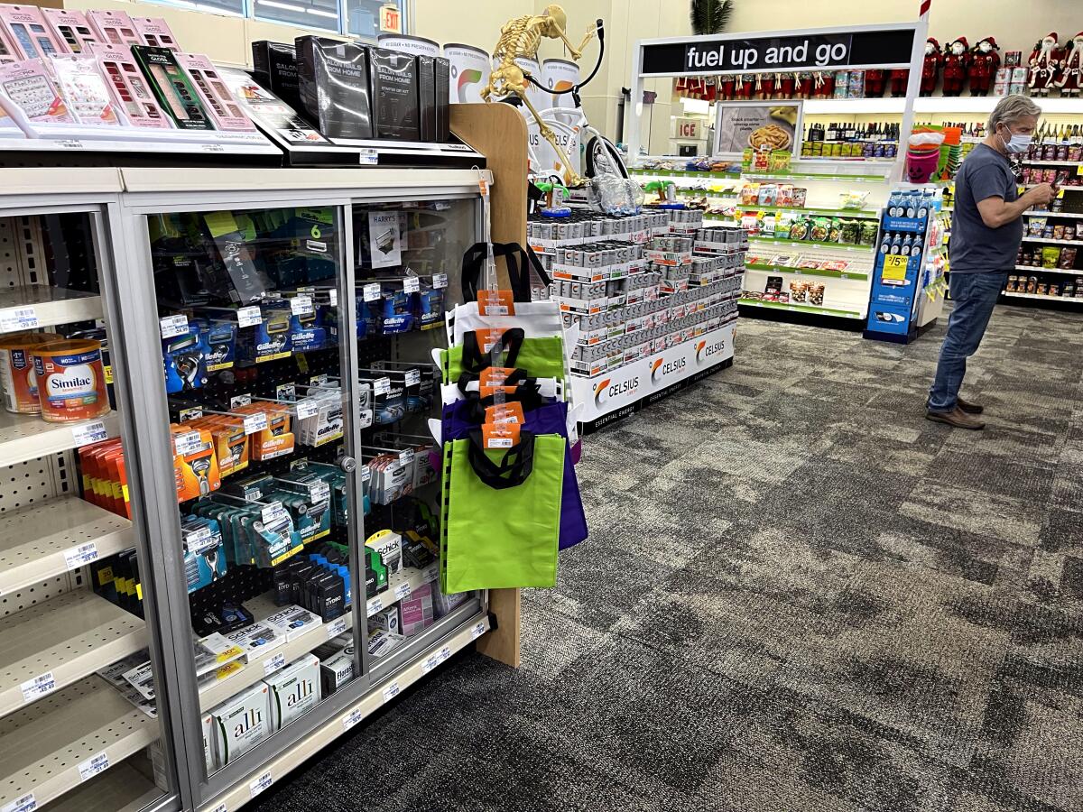 Razor blades are locked up behind a glass showcase at a CVS store in Woodland Hills to fight shoplifting.