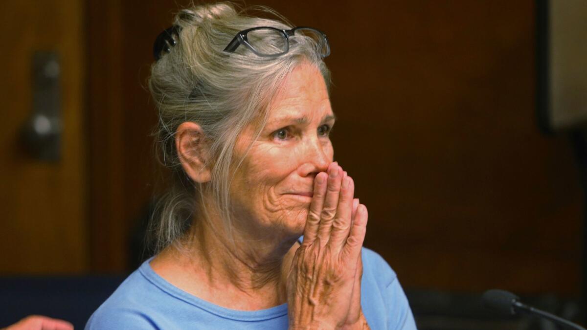 Leslie Van Houten, 68, reacts after hearing she is eligible for parole during a hearing on Sept. 6 at the California Institution for Women in Corona.