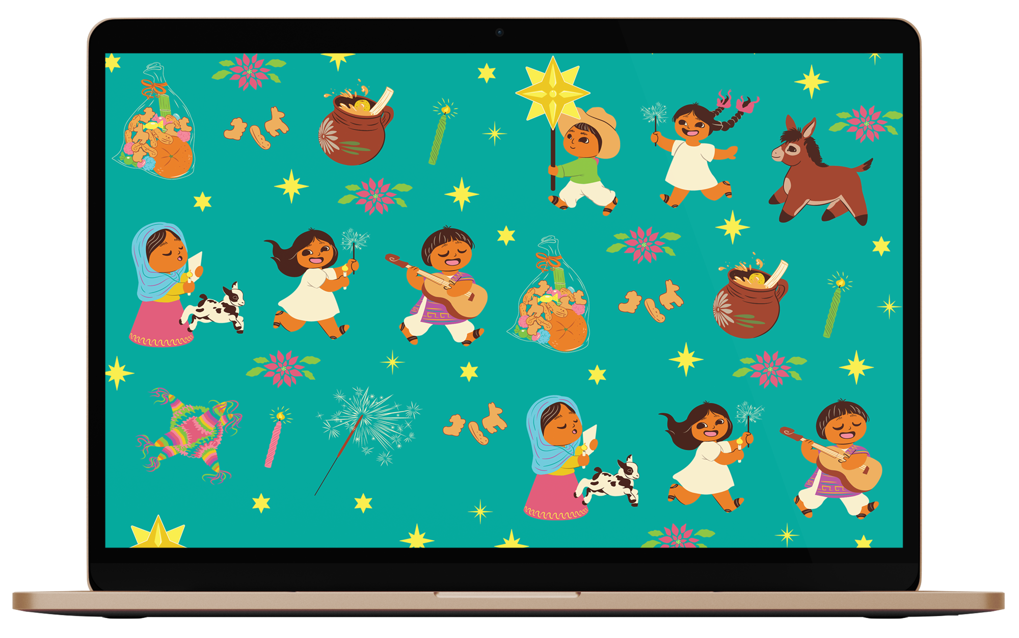 Wallpaper on a laptop of Christmas parade in Mexico, where children go door-to-door asking for small presents.