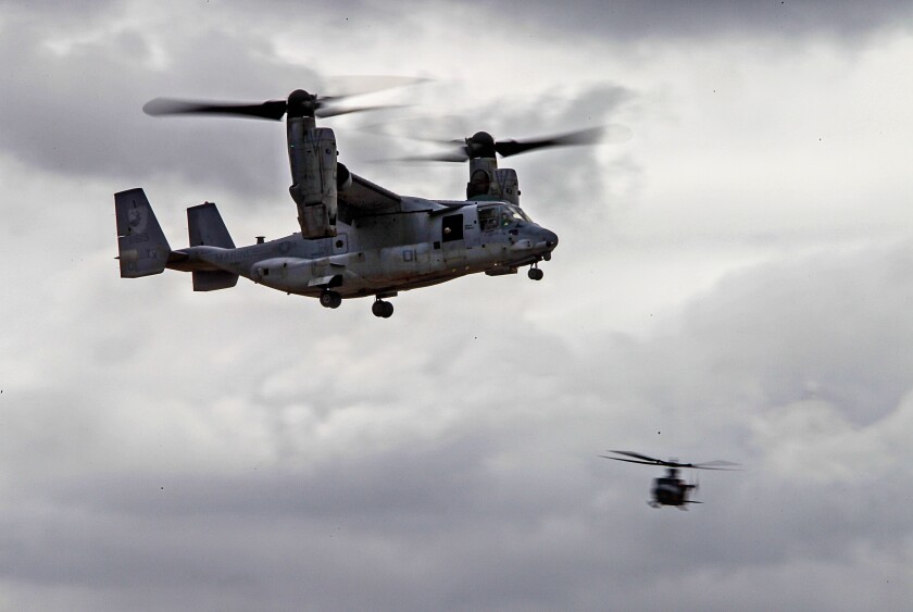 A Marine Corps Osprey MV-22 flies during preview day for the MCAS Miramar Airshow in 2019 in San Diego.
