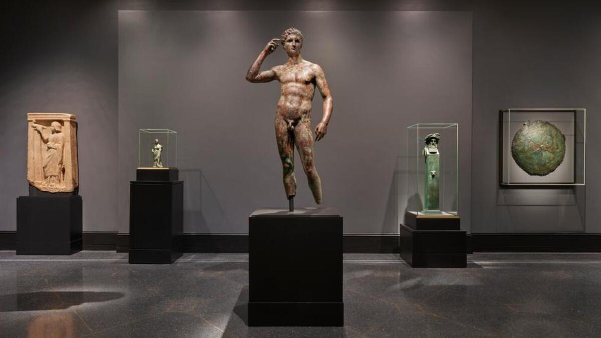 The classical Greek "Statue of a Victorious Youth," circa 300-100 B.C., at the newly reinstalled Getty Villa.