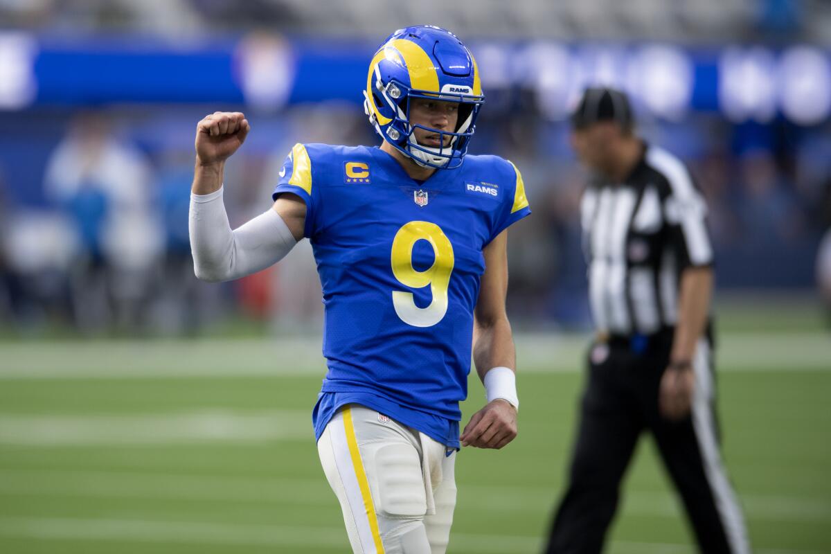 Rams quarterback Matthew Stafford celebrates a two-point conversion against the Detroit Lions on Oct. 24.