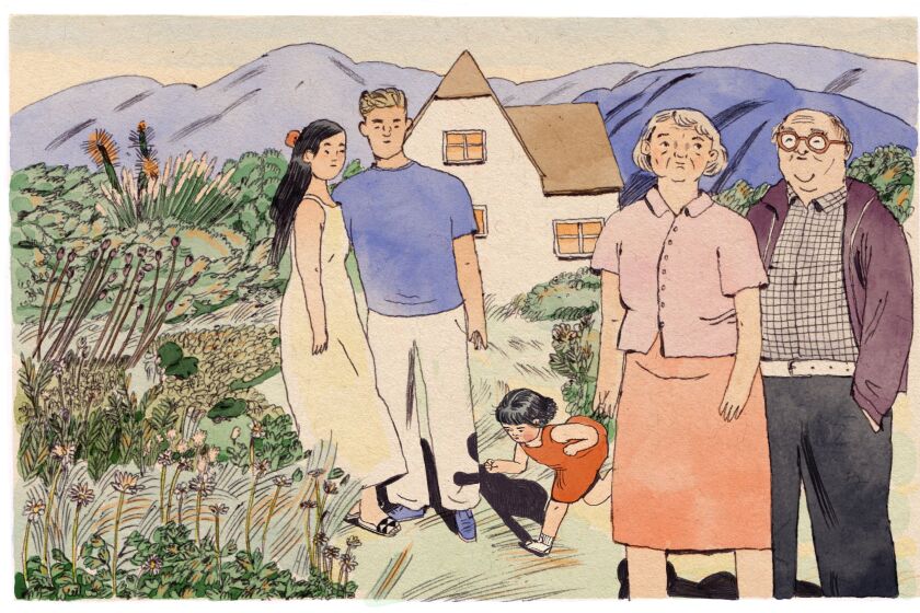 Illustration of a family standing outside with parents, grandparents, and a little girl jumping around among plants.